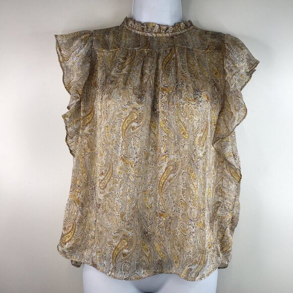 JOIE GLITTER PAISLEY RUFFLE MOCK NECK FLUTTER SHORT SLEEVE BLOUSE Size M - Picture 1 of 9